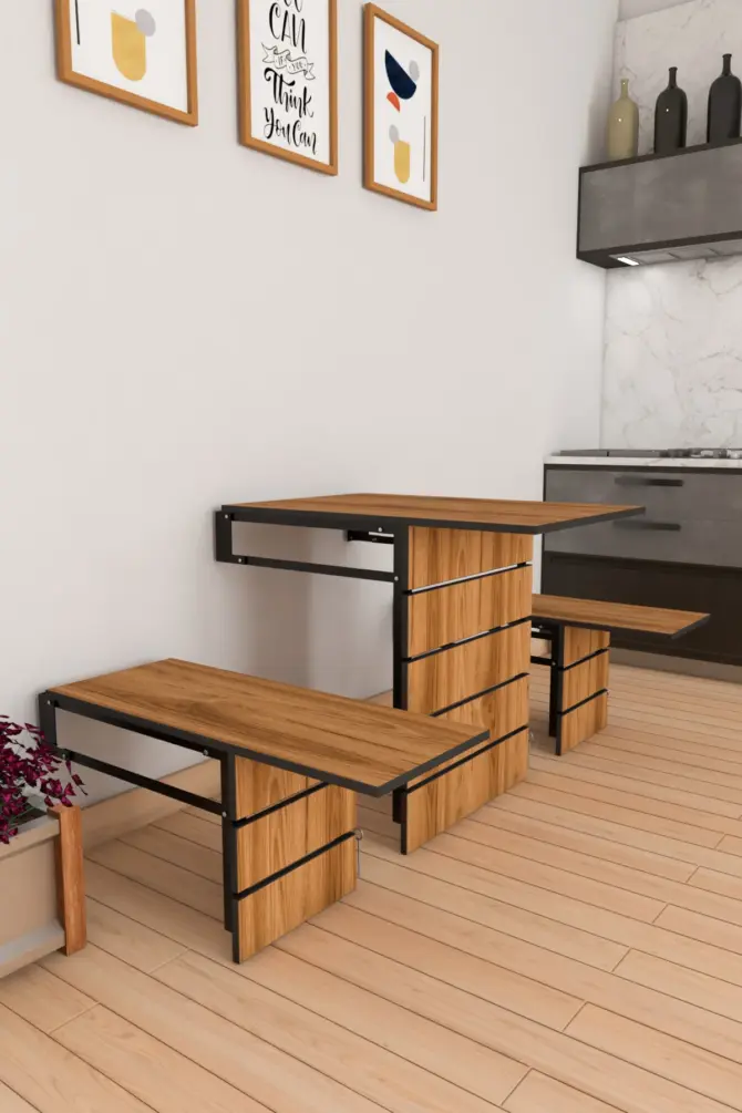 MERETTO Duvara Monte Katlanabilir Dekoratif 2 Tabureli Pratik Yemek Kırma Mutfak Balkon Masası Ceviz - Görsel 2