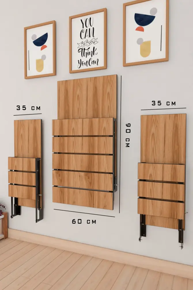 MERETTO Duvara Monte Katlanabilir Dekoratif 2 Tabureli Pratik Yemek Kırma Mutfak Balkon Masası Ceviz - Görsel 3
