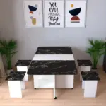 MERETTO Pratik Katlanır Açılır Kapanır Katlanabilir Taşınabilir Kahverengi Yemek Masası 4 Kişilik Masası - Siyah Mermer
